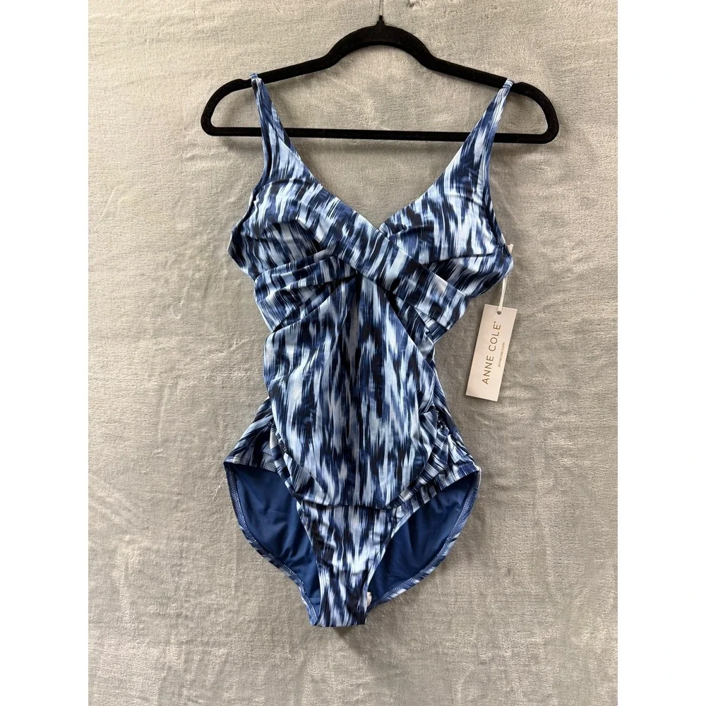 Anne Cole Women Blue White Abstract Twist Front One Piece Swimsuit NWT Sz 6 $108